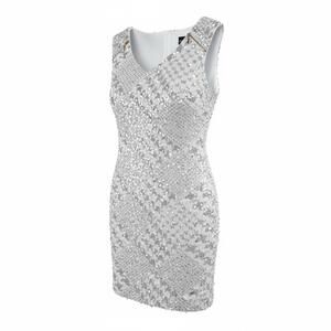Frank Lyman White Silver Sequin Sheath Dress Size 10 Bridal Cocktail